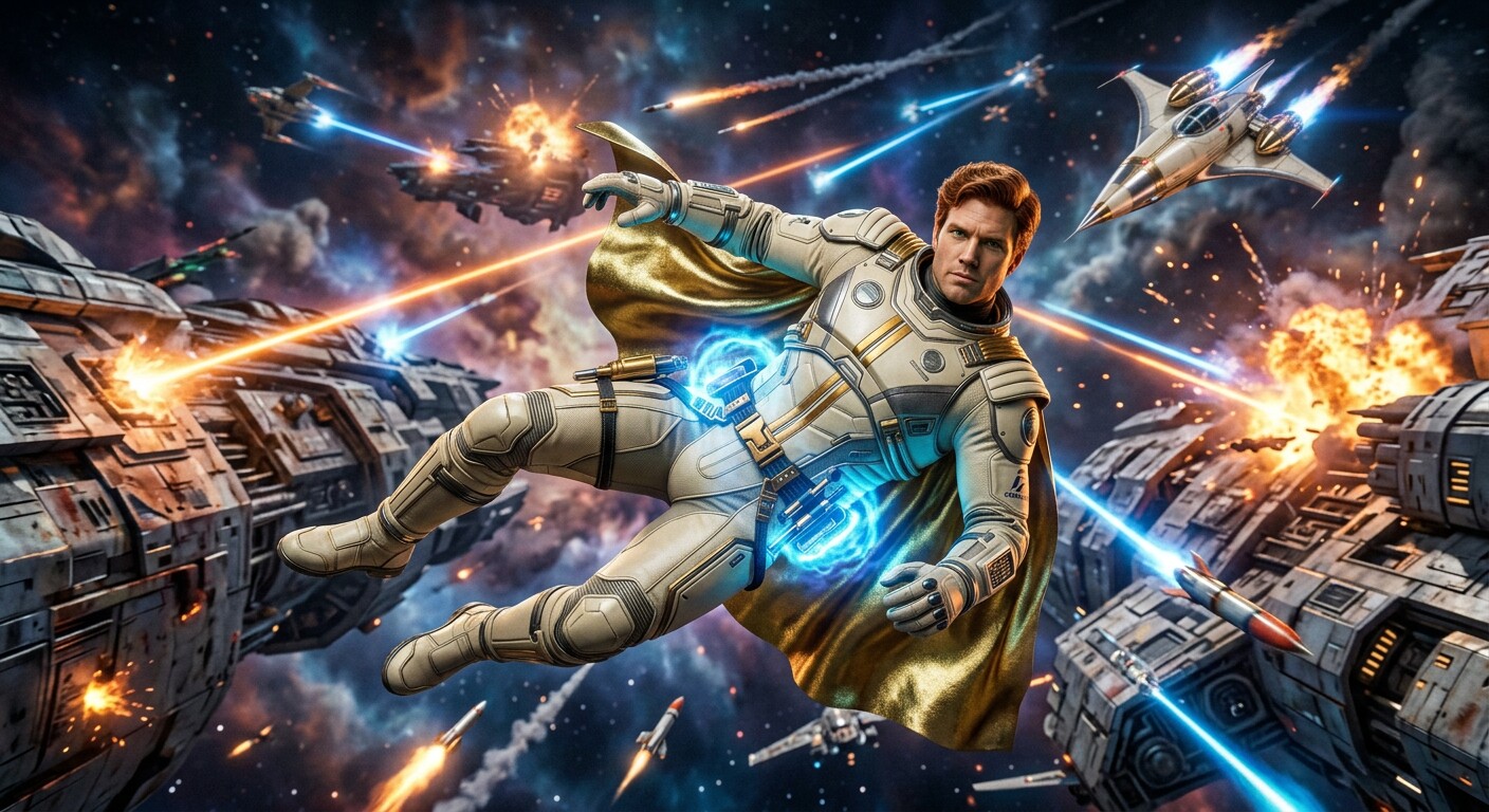 Captain Future en vol libre entre deux vaisseaux, la ceinture répulseur émettant une aura bleue