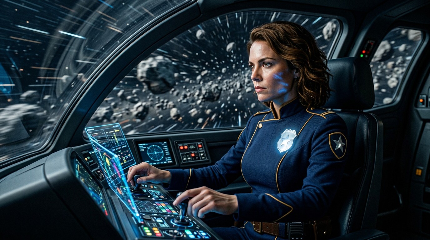 Joan Randall pilotant le Comet dans un champ d'astéroïdes